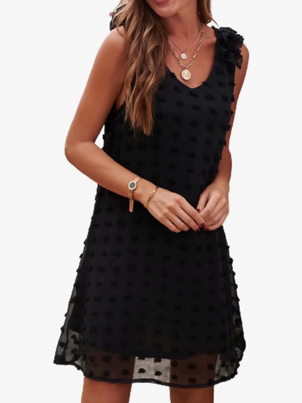 Black Swiss Dot V Neck Sleeveless Dress